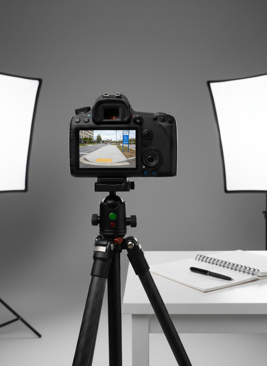 A meticulously detailed close-up of a modern, matte-black DSLR camera mounted on a sturdy tripod, its rear LCD screen glowing with a sharp, high-contrast image of an accessible city street: curb cuts, tactile paving, wide ramps, and clear signage. The camera stands in a minimalist studio environment with neutral gray walls and a tidy white table holding open notebooks and a pen. Soft studio lighting from two sides creates balanced illumination and gentle, realistic shadows, emphasizing textures on the camera body and tripod. Photographic realism, eye-level composition, and a calm, professional atmosphere communicate careful observation and documentation of disability-friendly environments.