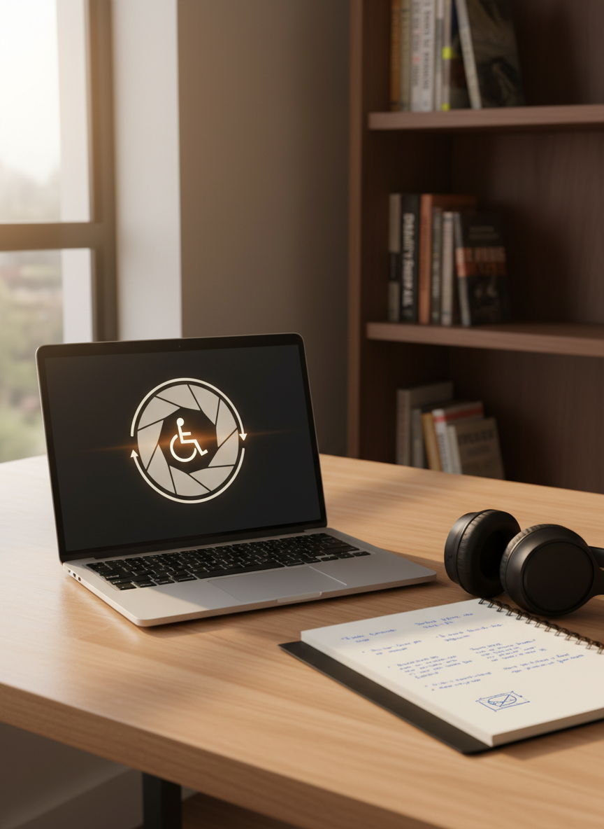 A polished workspace scene featuring an open silver laptop on a light maple desk, its screen displaying a crisp, high-resolution graphic of an aperture icon gradually transforming into a universal accessibility symbol. Next to the laptop lies a spiral-bound notebook with neatly written notes and a pair of sleek, over-ear noise-canceling headphones. In the background, a bookshelf holds neatly arranged books on disability studies and inclusive design, slightly out of focus. Soft morning light from a nearby window washes the scene, casting long, gentle shadows and a warm, professional glow. Shot from a slightly elevated angle with shallow depth of field, the photographic image feels reflective and scholarly, emphasizing learning about disability through a focused lens.