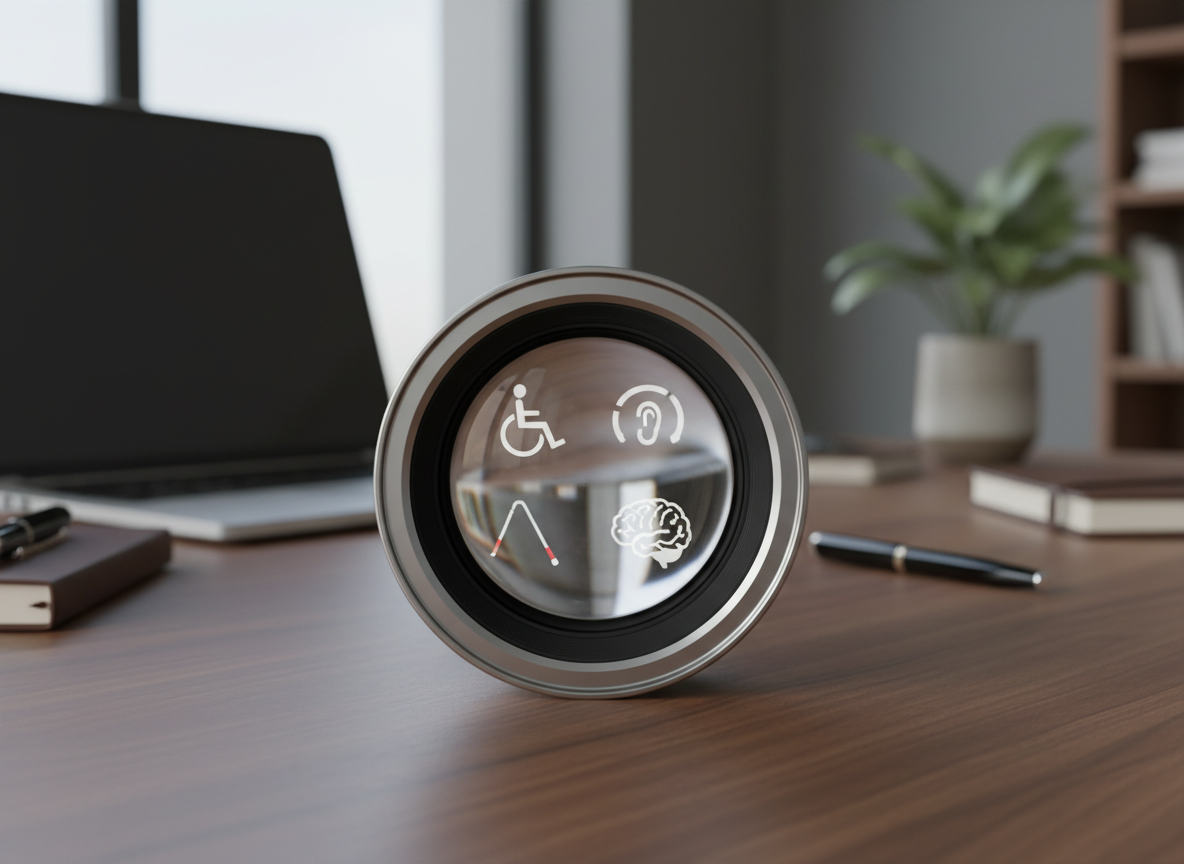 A high-quality photographic image of a large, crystal-clear camera lens resting on a smooth, dark wooden desk. Reflected inside the curved glass elements are subtle, overlapping symbols of disability access: a wheelchair icon, a hearing loop symbol, a stylized brain, and a white cane, all softly distorted yet recognizable. The background is a gently blurred professional workspace with a laptop, notebooks, and a small plant. Cool, diffused daylight from an unseen window creates clean highlights along the metal rim and soft shadows on the desk. Shot at eye level with a shallow depth of field, the mood is thoughtful, professional, and inviting, emphasizing the idea of looking through the lens to see the full picture of disability.